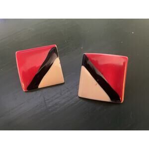 Vintage Painted Abstract Square Stud Costume Earrings 80s Jewelry
